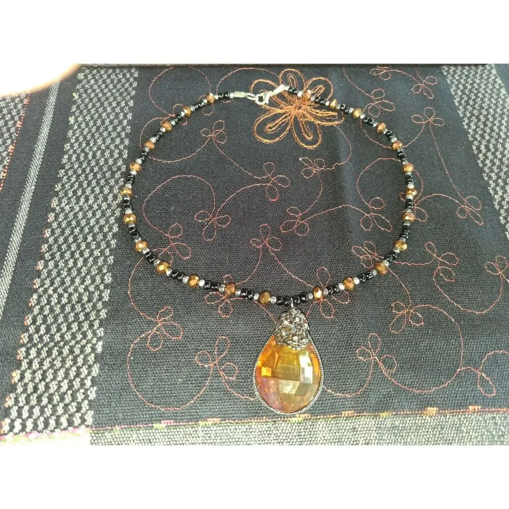 # OOAK Handmade Amber Gold Teardrop Pendant Necklace Black Bronze Beaded Stateme